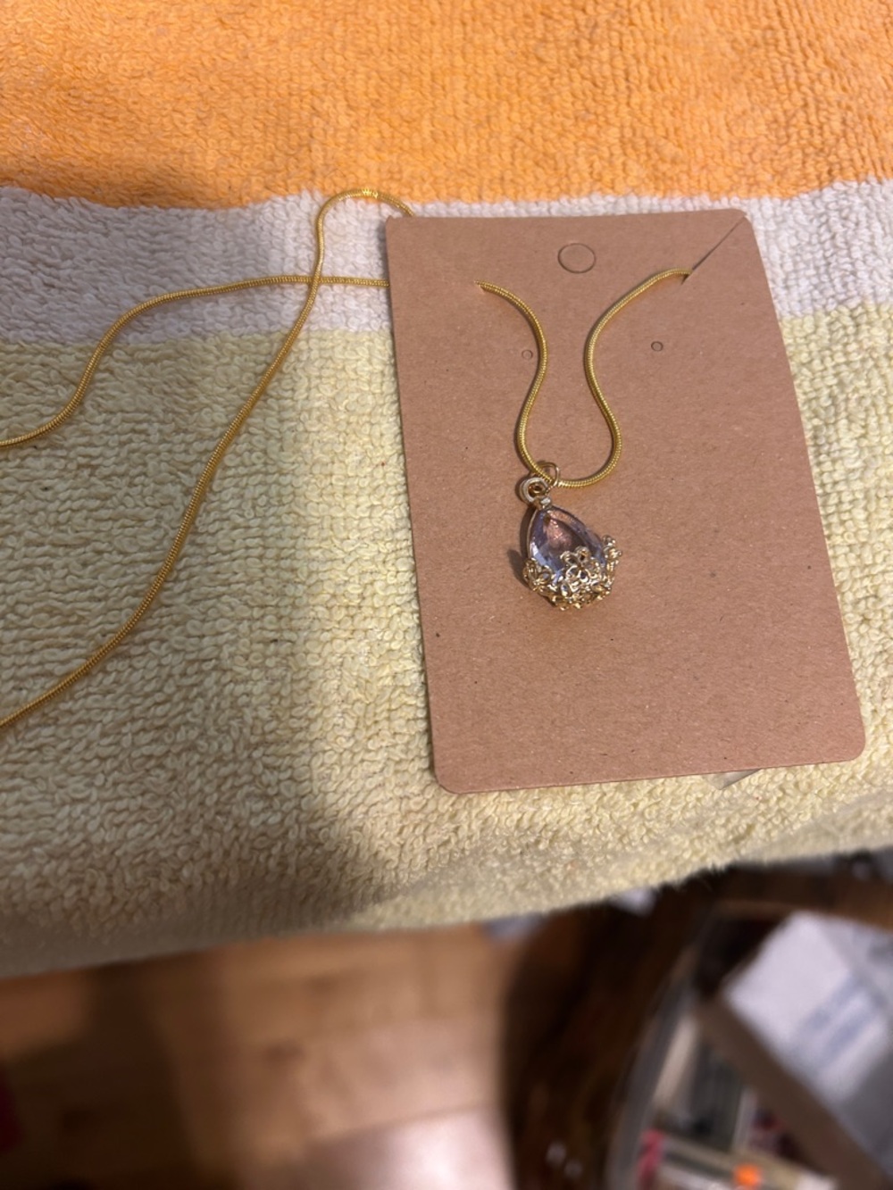 Gold Tone Necklace with Purple Teardrop Crystal Pendant handmade